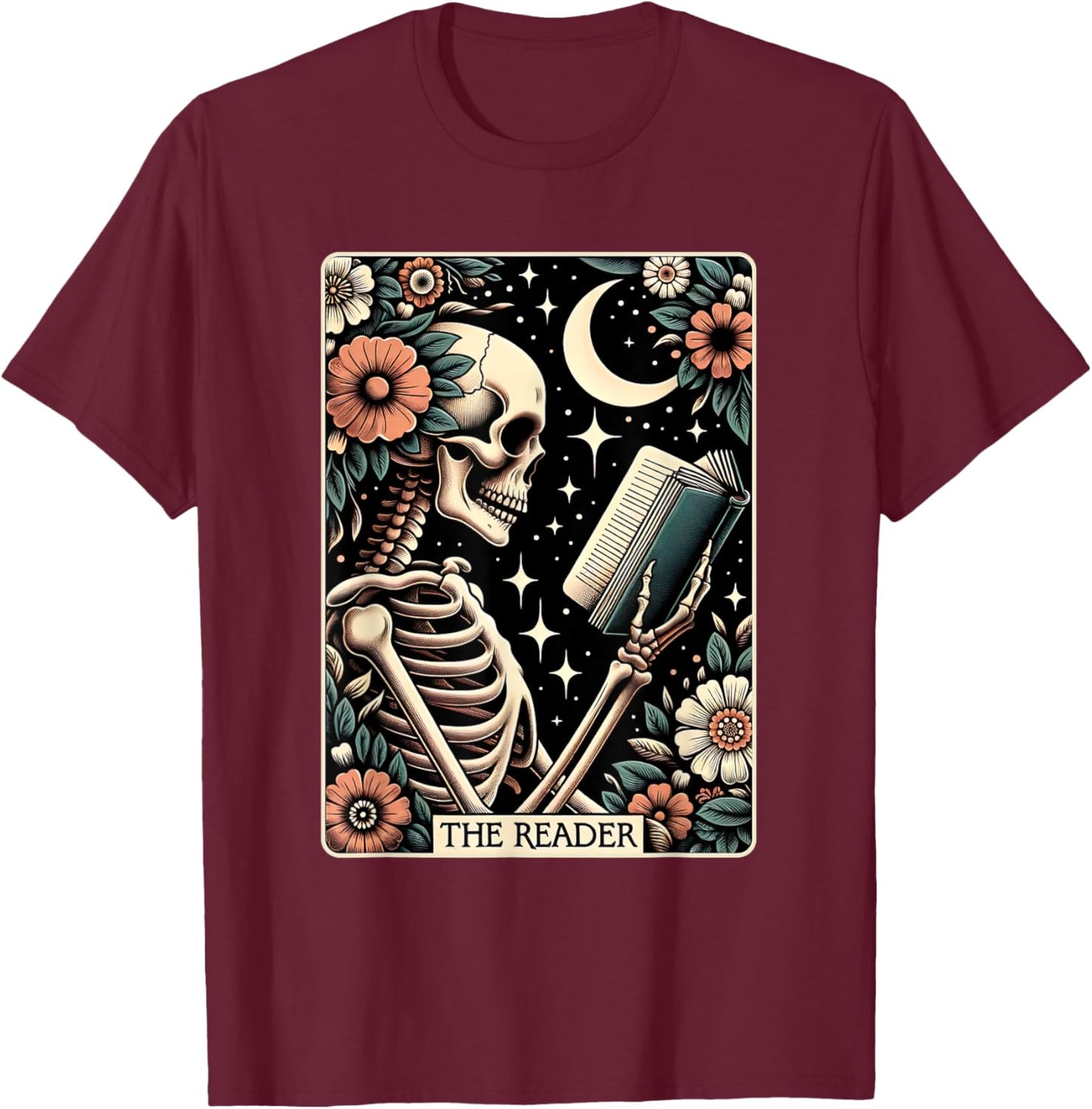 The Reader Tarot Card Skeleton Reading Book Bookworm Bookish T-Shirt - T-Shirt | Maroon