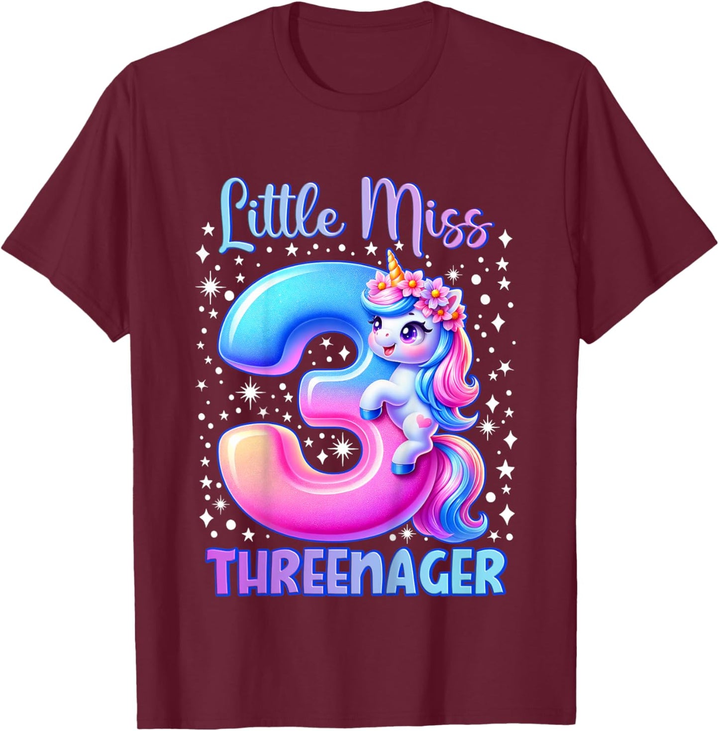 Little Miss Threenager Three 3rd Birthday Girls 3 Years T-Shirt - T-Shirt | Maroon