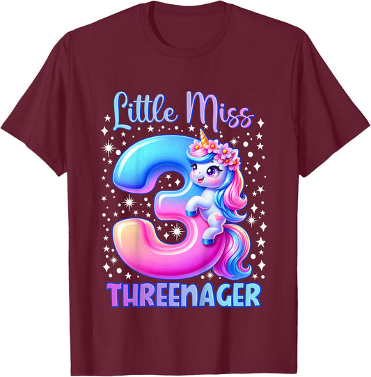 Little Miss Threenager Three 3rd Birthday Girls 3 Years T-Shirt - T-Shirt | Maroon