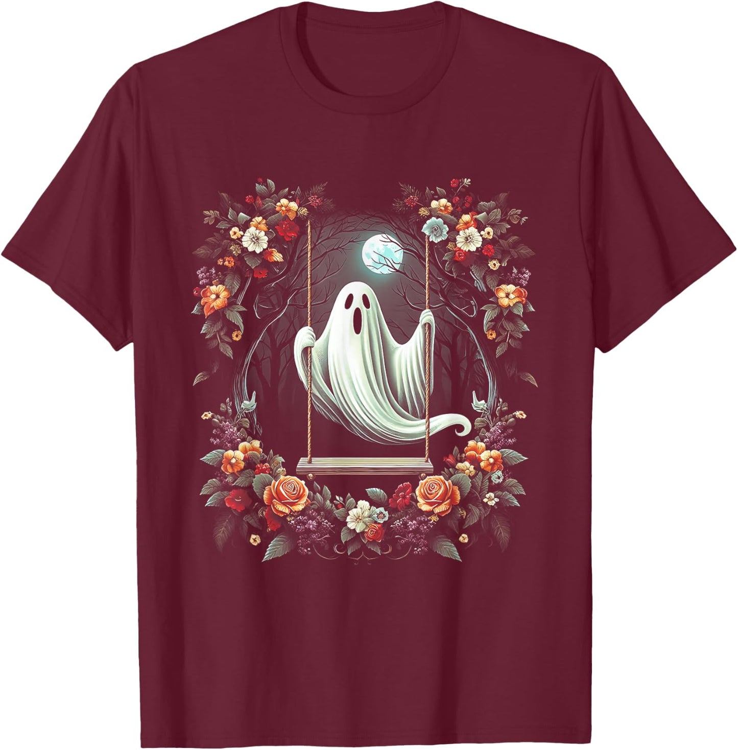Vintage Floral Ghost On Swing In Forest Halloween Gothic T-Shirt - T-Shirt | Maroon