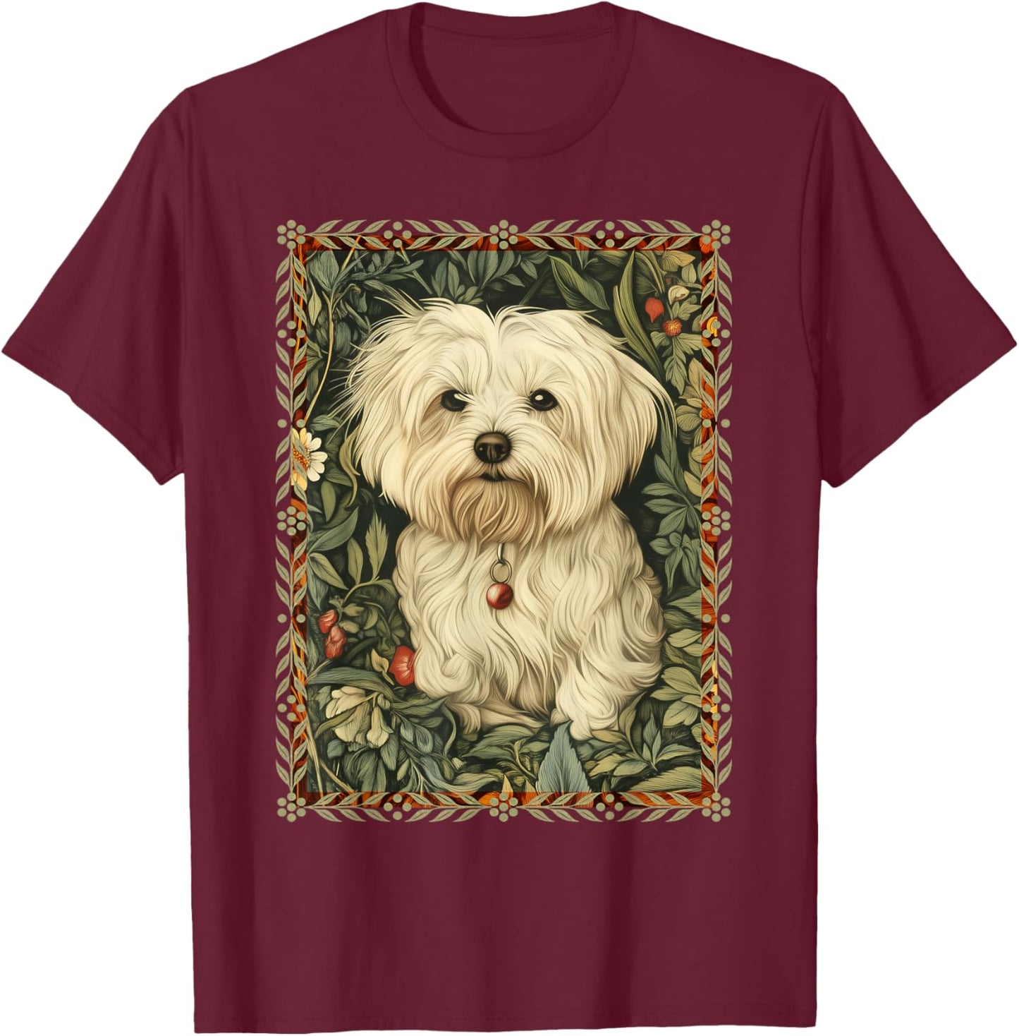 Maltese Dog in a William Morris Vintage Garden T-Shirt - T-Shirt | Maroon