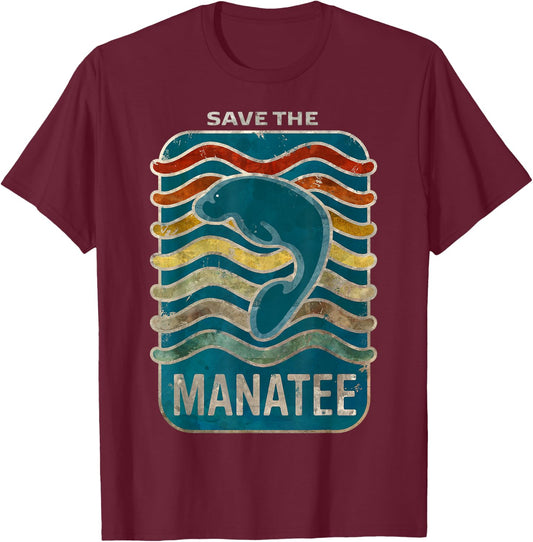 Save the Manatee Retro Vintage Design T-Shirt - T-Shirt | Maroon