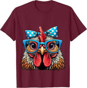 Chicken with Glasses and Bow Farm Girl T-Shirt - T-Shirt | Maroon