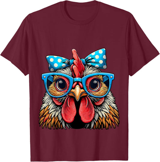 Chicken with Glasses and Bow Farm Girl T-Shirt - T-Shirt | Maroon