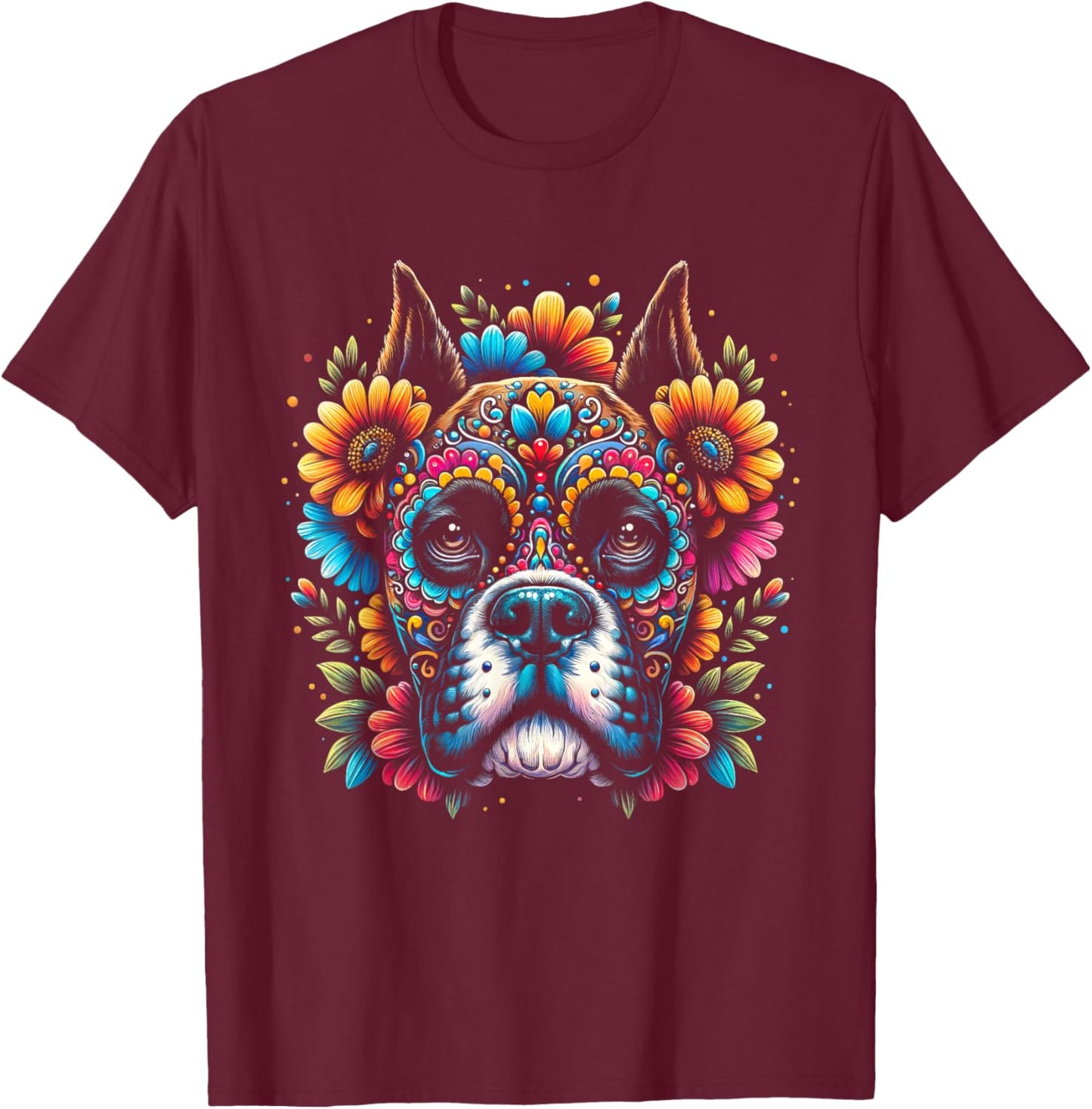 Cinco De Mayo Sugar Skull Flower Boxer Dog Women Kids T-Shirt - T-Shirt | Maroon