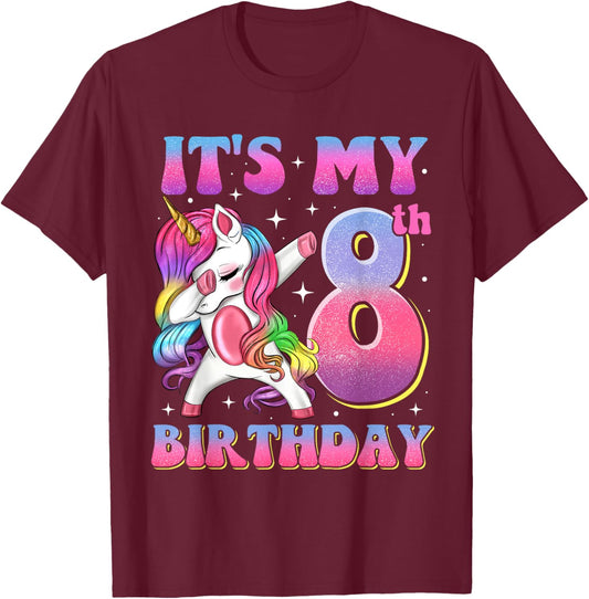 It's My 8th Birthday Dabbing Unicorn 8 Year Old Girls Kids T-Shirt - T-Shirt | Maroon