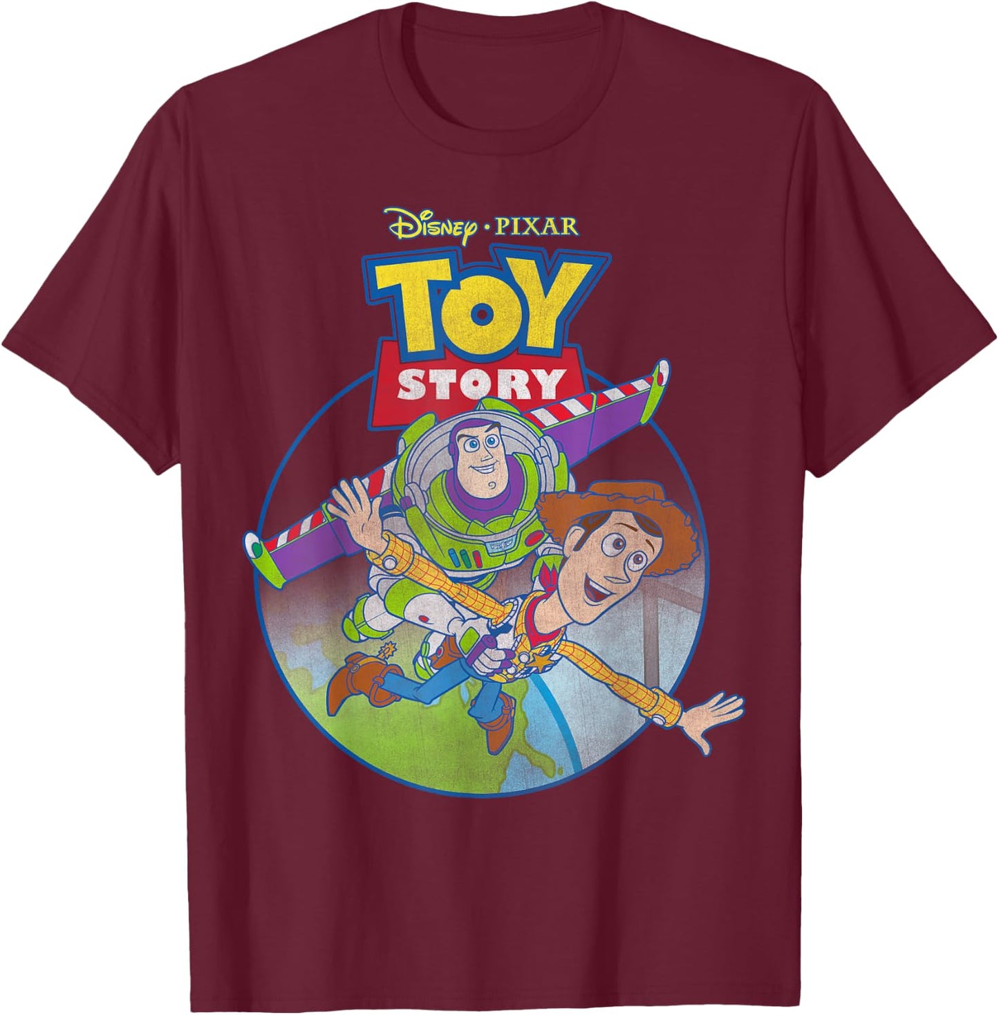 Disney Pixar Toy Story Woody & Buzz Lightyear Vintage Fly T-Shirt - T-Shirt | Maroon