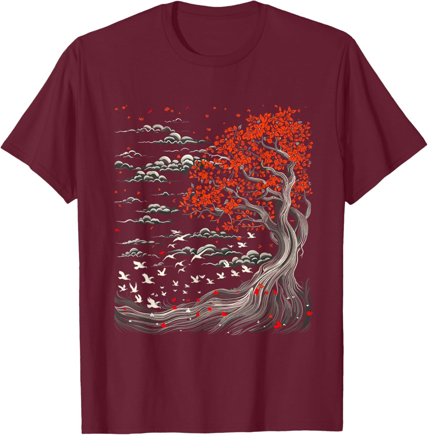 Japanese Tree, Birds, Clouds Art, Natur Lover, Men, Women T-Shirt - T-Shirt | Maroon