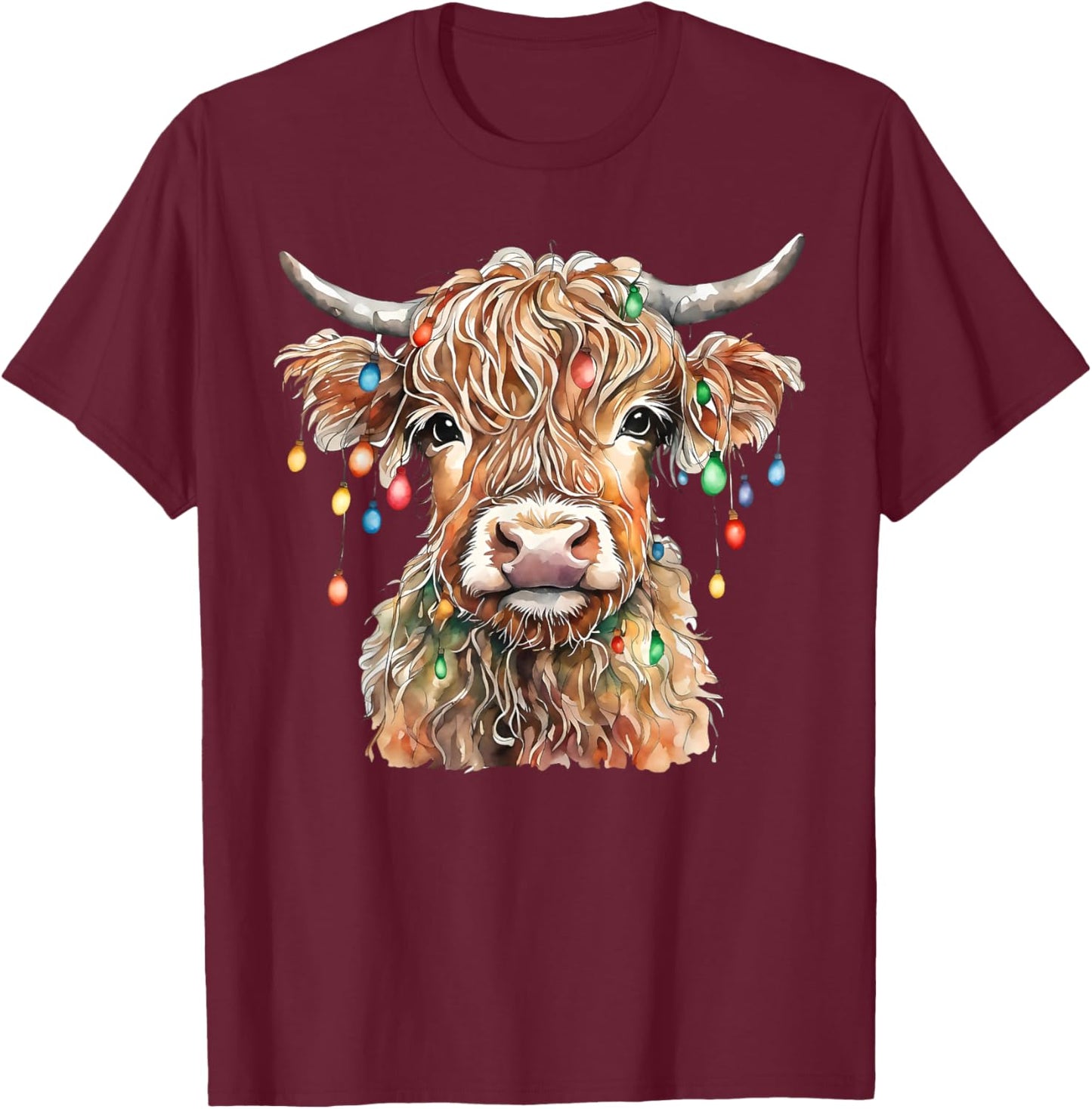 Highland Cow Xmas Lights Merry Christmas Pajamas Holiday T-Shirt - T-Shirt | Maroon