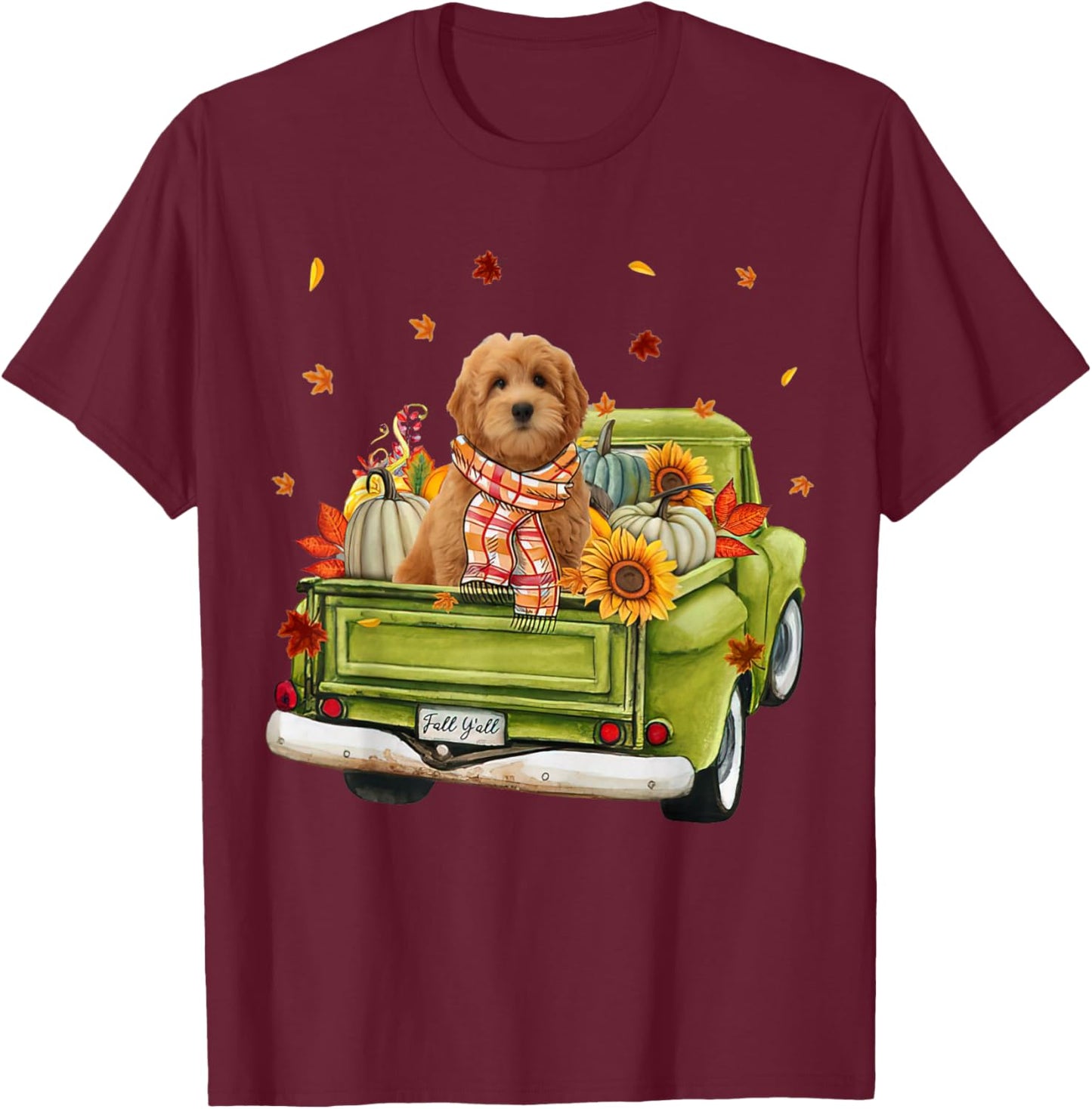 Happy Fall Y'all Goldendoodle Dog On Truck Pumpkin Fall T-Shirt - T-Shirt | Maroon
