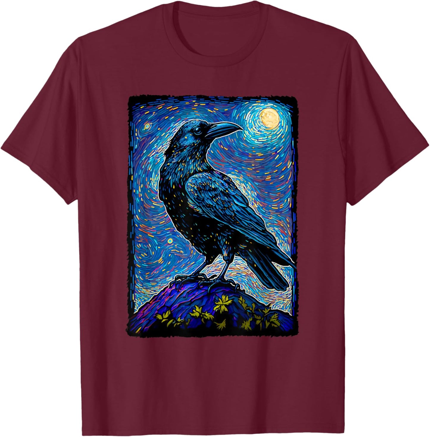 Raven Starry Night Style Painting, Van Gogh Crow Lover T-Shirt - T-Shirt | Maroon
