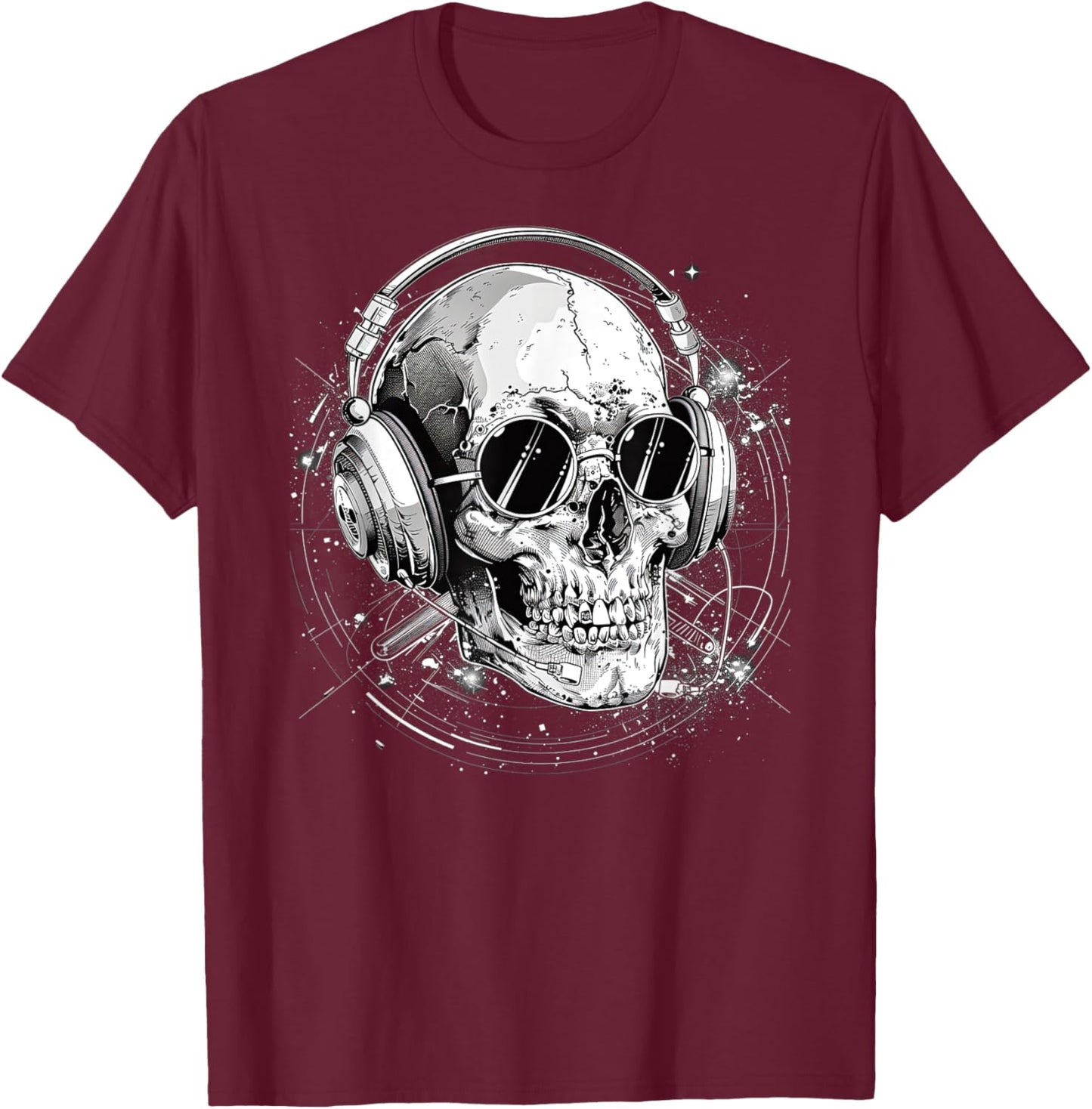 Skull with Headphones Music T-Shirt - T-Shirt | Maroon