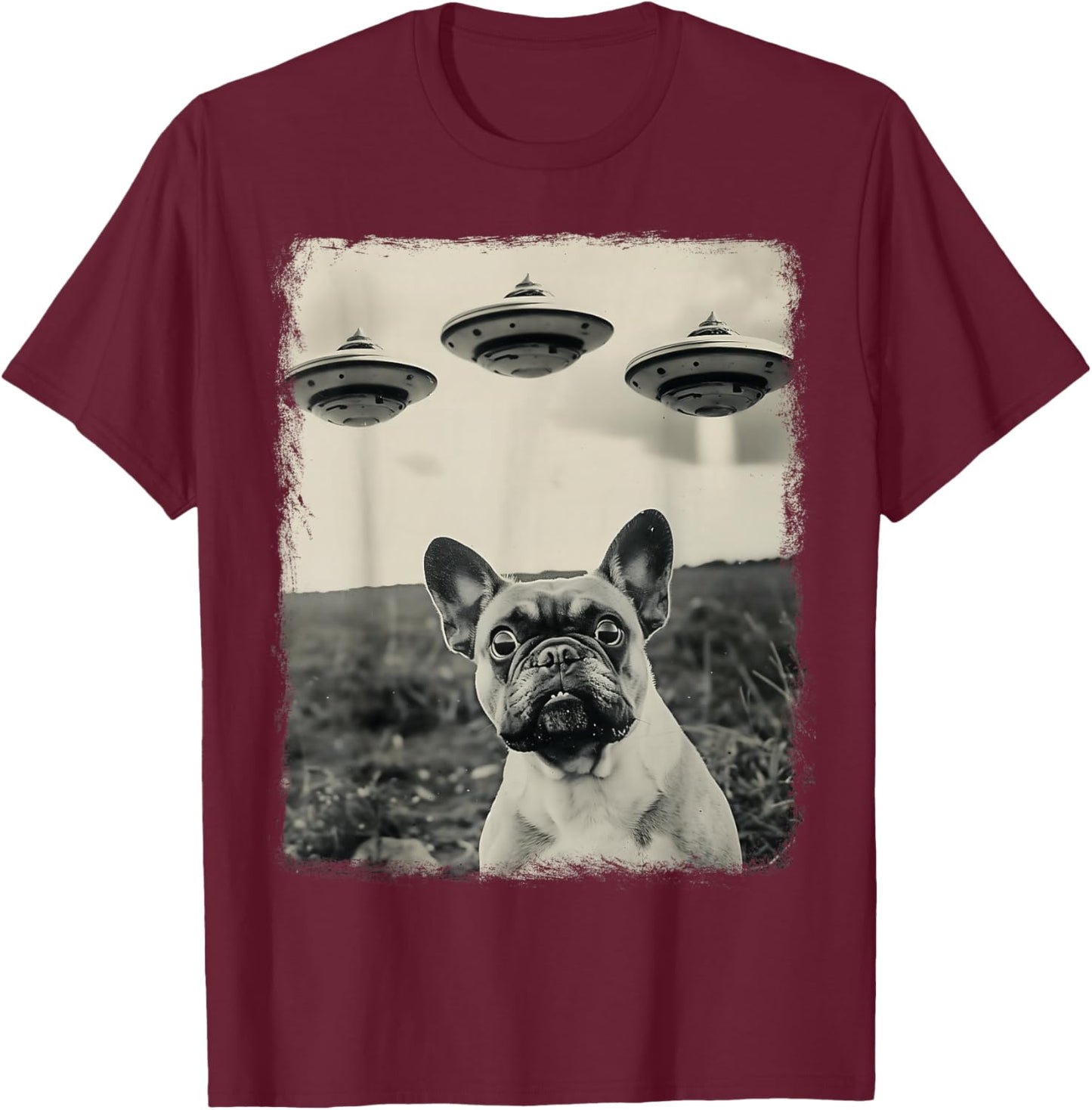 French Bulldog Dog UFO Alien Extraterrestrial Selfie T-Shirt - T-Shirt | Maroon