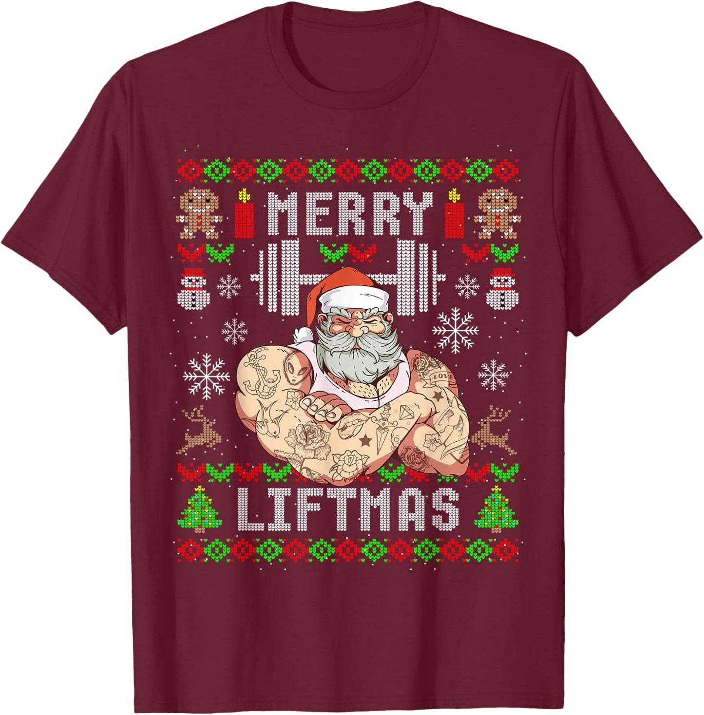 Funny Merry Liftmas Ugly Christmas Workout Powerlifting T-Shirt - T-Shirt | Maroon