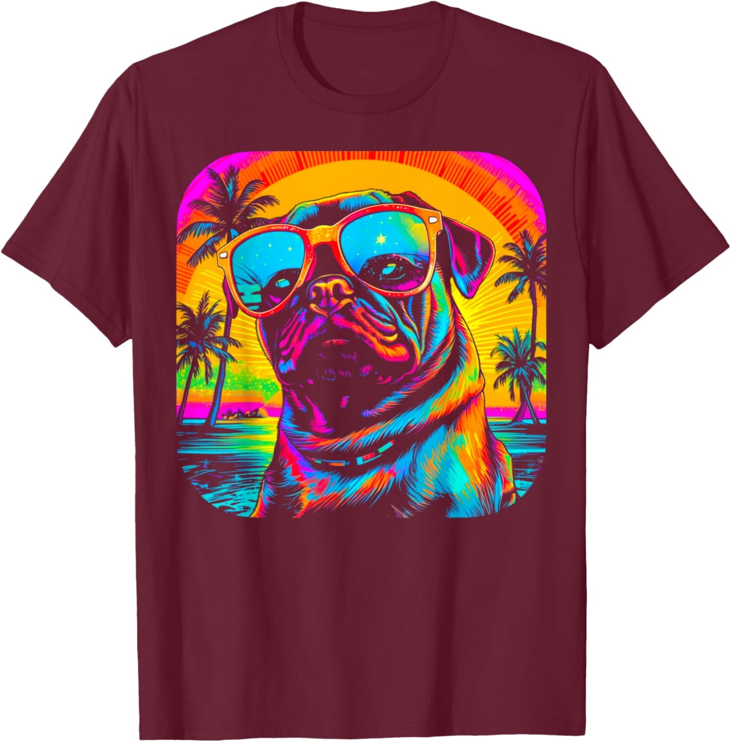 Pug Dog Summer Party T-Shirt - T-Shirt | Maroon