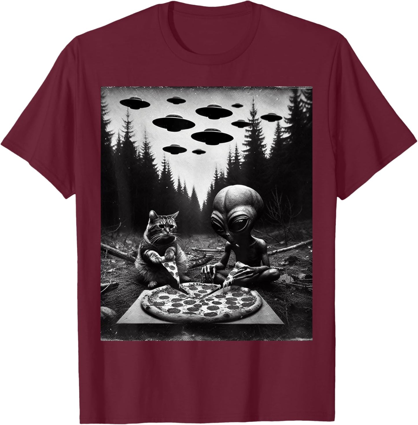 Funny Cat With Alien Eating Pizza. Cat And UFO Spaceship T-Shirt - T-Shirt | Maroon