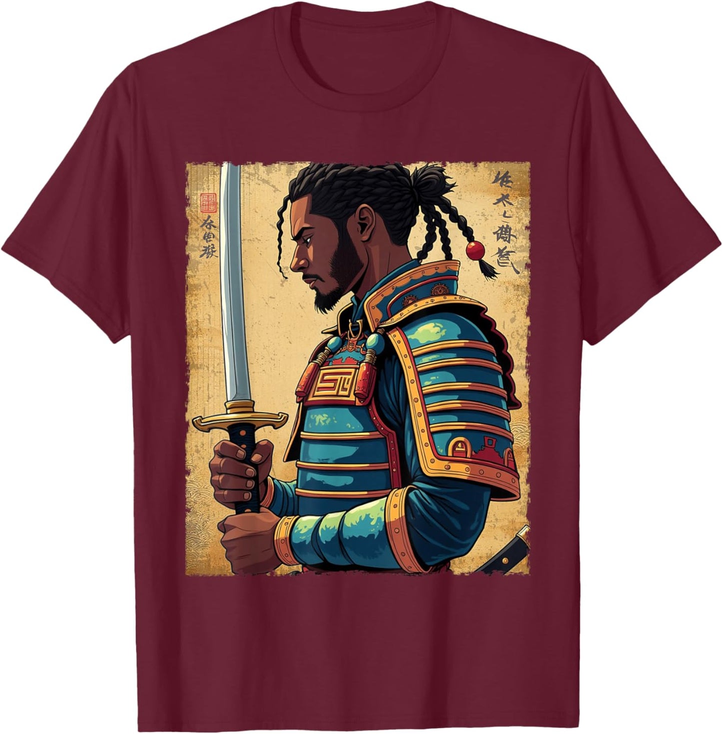 African Samurai Vintage Afro American Bushido Warrior Katana T-Shirt - T-Shirt | Maroon
