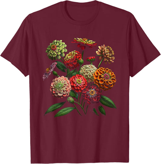 Zinnia Flowers, Floral Bouquet Design T-Shirt - T-Shirt | Maroon