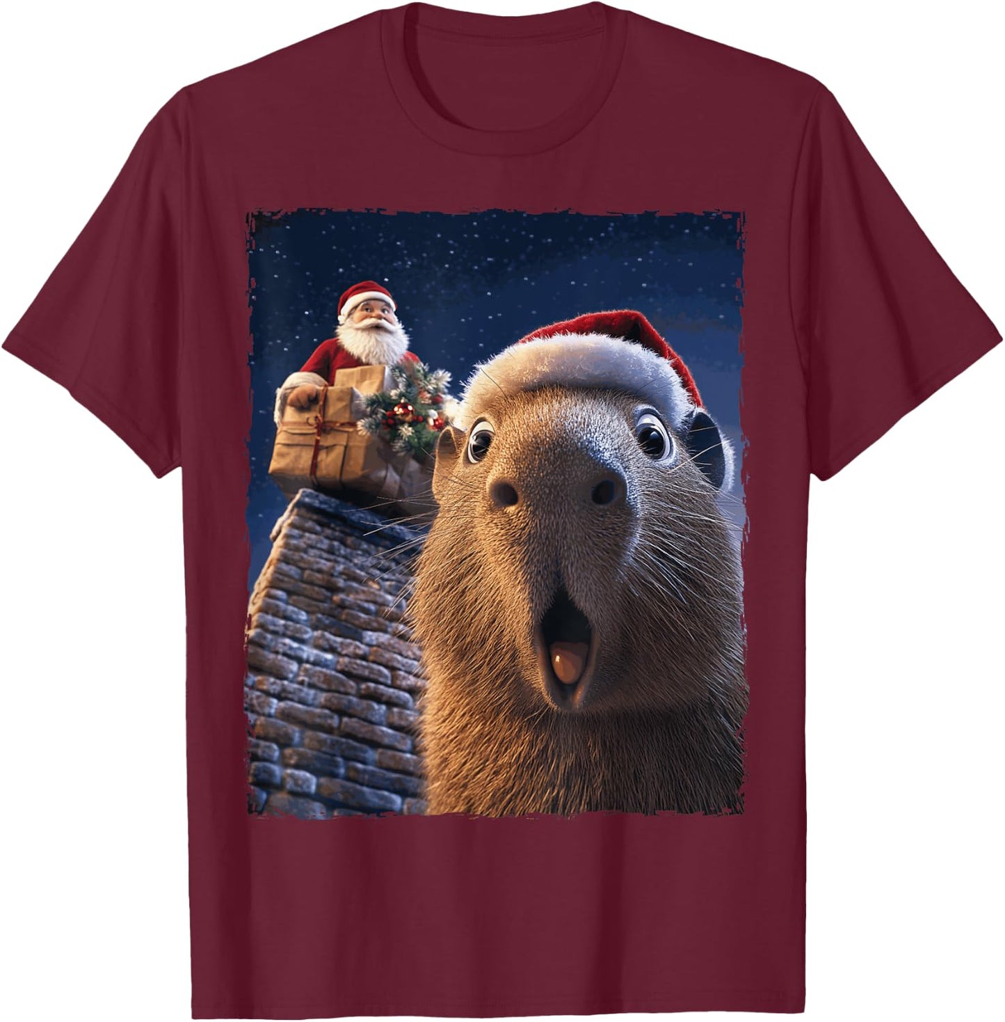 Funny Capybara Selfie Santa Xmas Christmas T-Shirt - T-Shirt | Maroon
