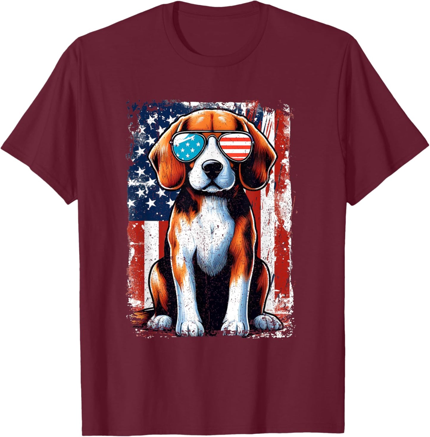Vintage Beagle Dog American USA US Flag Pets Lovers Outfit T-Shirt - T-Shirt | Maroon