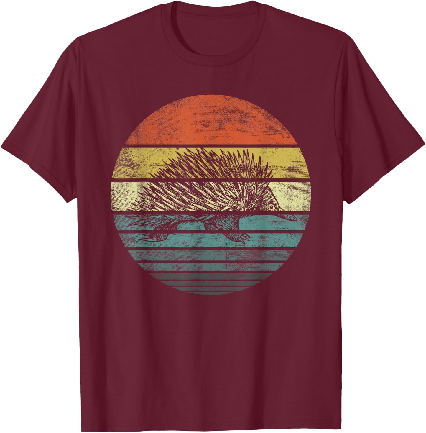 Echidna Gifts Retro Sunset Animal Lover Echidna Silhouette T-Shirt - T-Shirt | Maroon