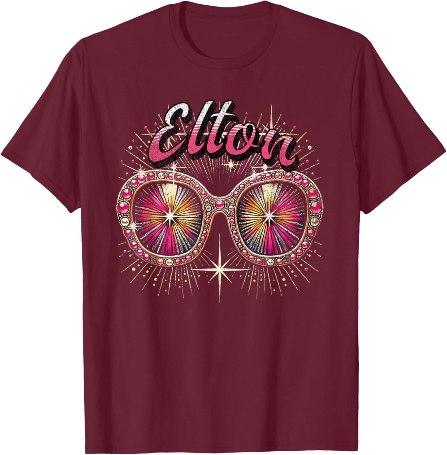 Elton First Name T With Glasses Personalized Vintage T-Shirt - T-Shirt | Maroon