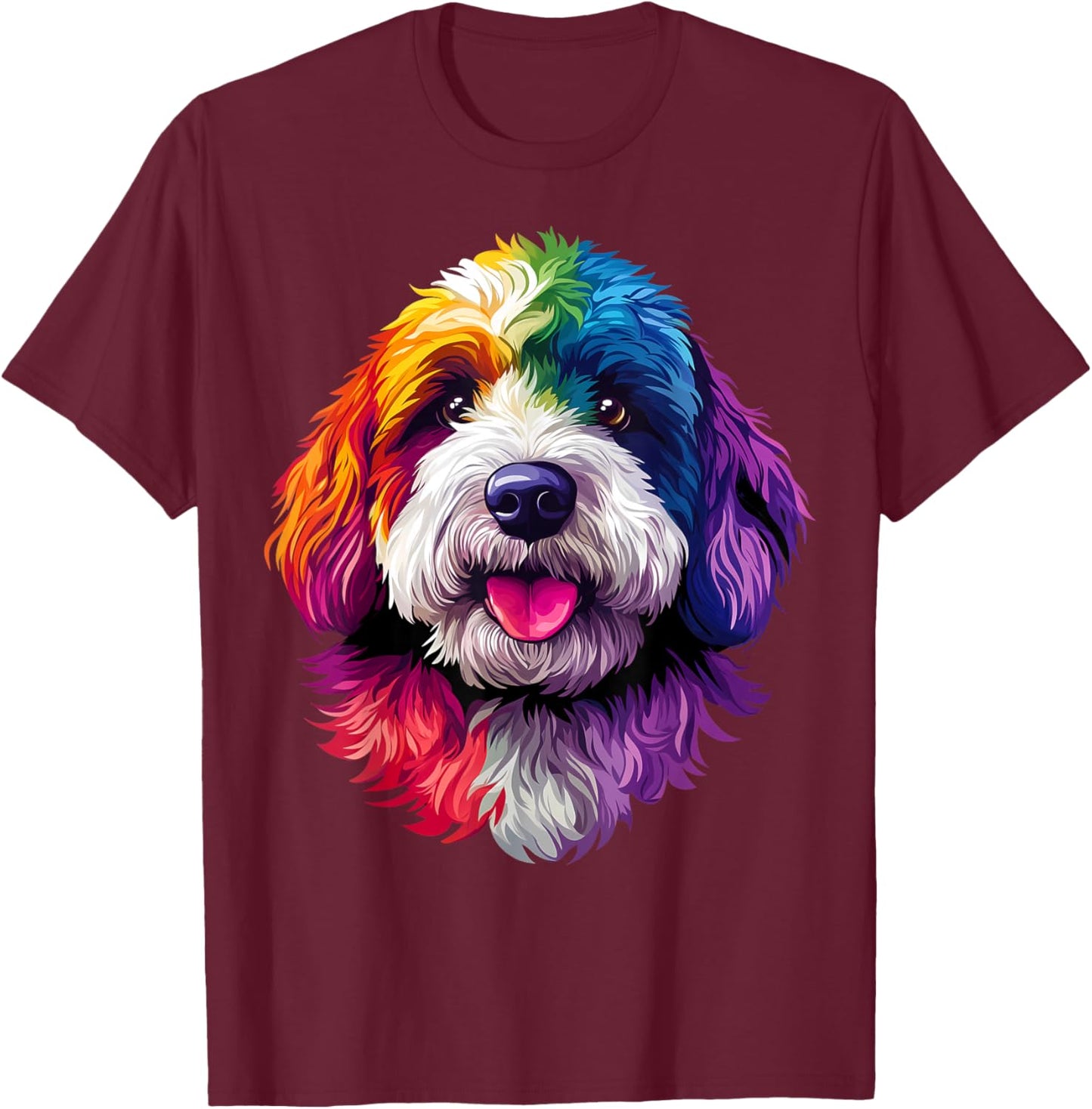 Colorful Bernedoodle Face Cute Dog Lover Men Women Black T-Shirt - T-Shirt | Maroon