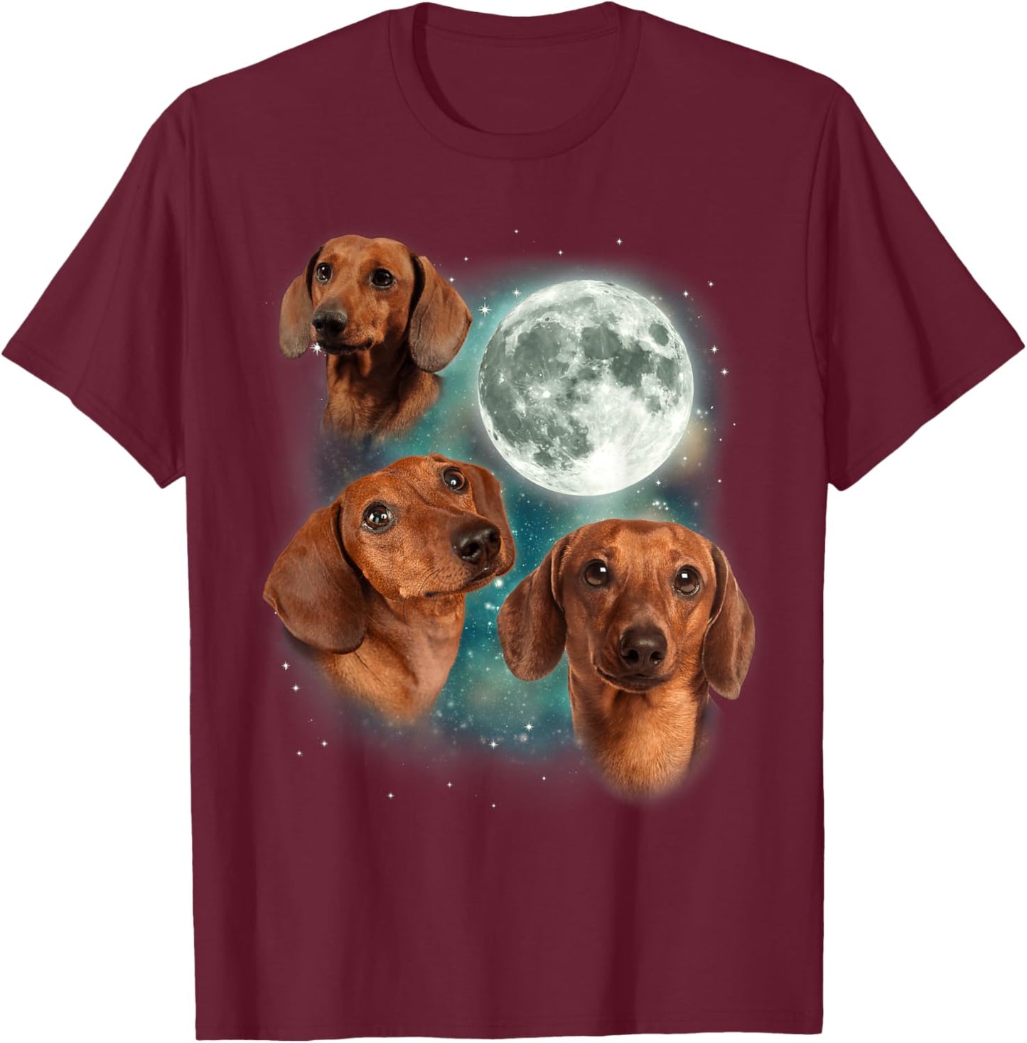 Three Dachshund Moon | Wiener Dog Humorous Doggo Meme Parody T-Shirt - T-Shirt | Maroon