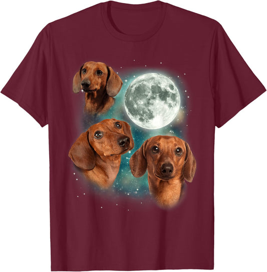 Three Dachshund Moon | Wiener Dog Humorous Doggo Meme Parody T-Shirt - T-Shirt | Maroon