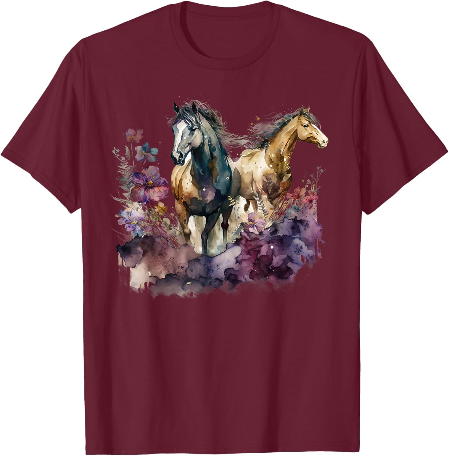 Horses Flowers Wild Mane Boho Western Southern Cowgirl T-Shirt - T-Shirt | Maroon