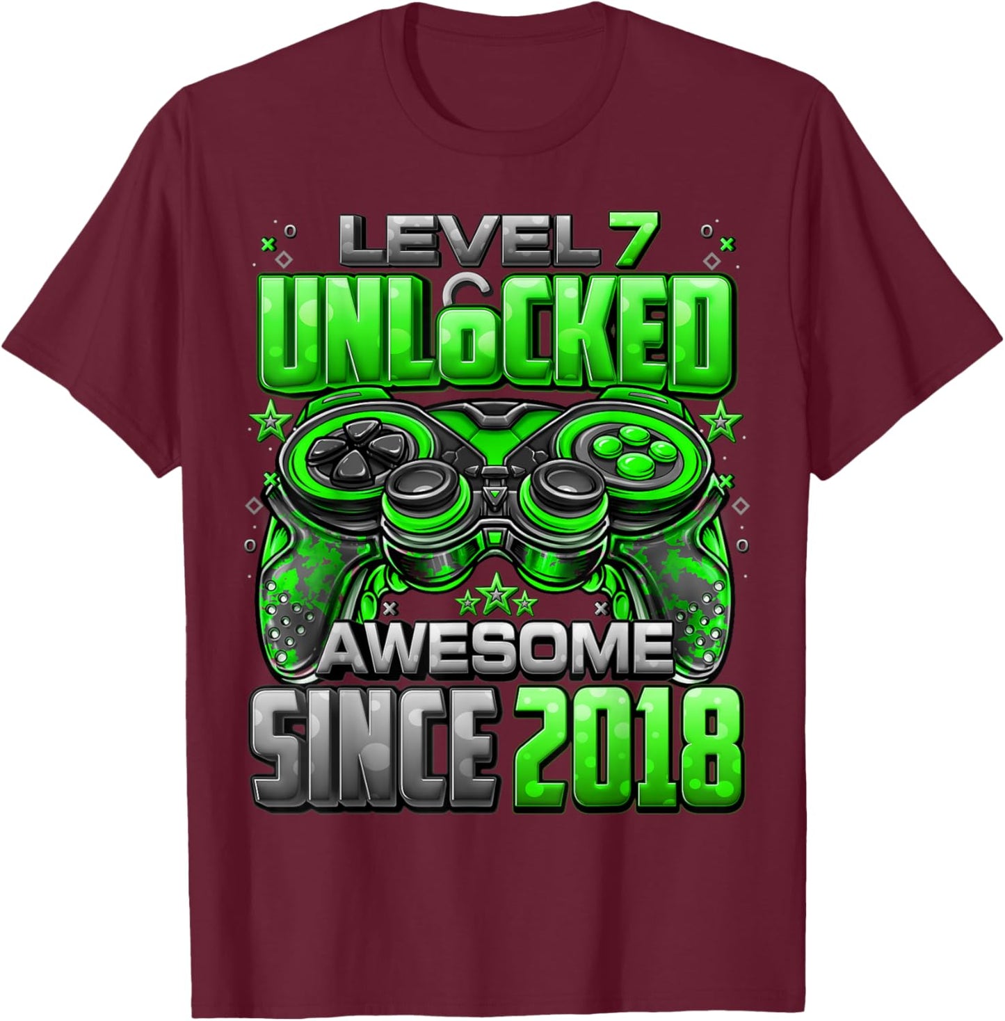 Level 7 Unlocked Awesome Since 2018 7th Birthday Gaming T-Shirt - T-Shirt | Maroon