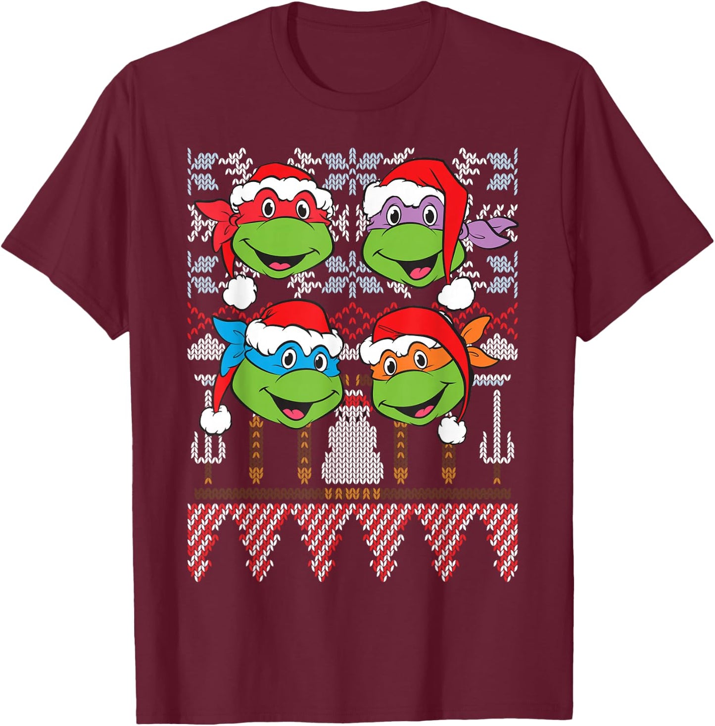 TMNT Ugly Xmas Sweaters All Turtles T-Shirt - T-Shirt | Maroon