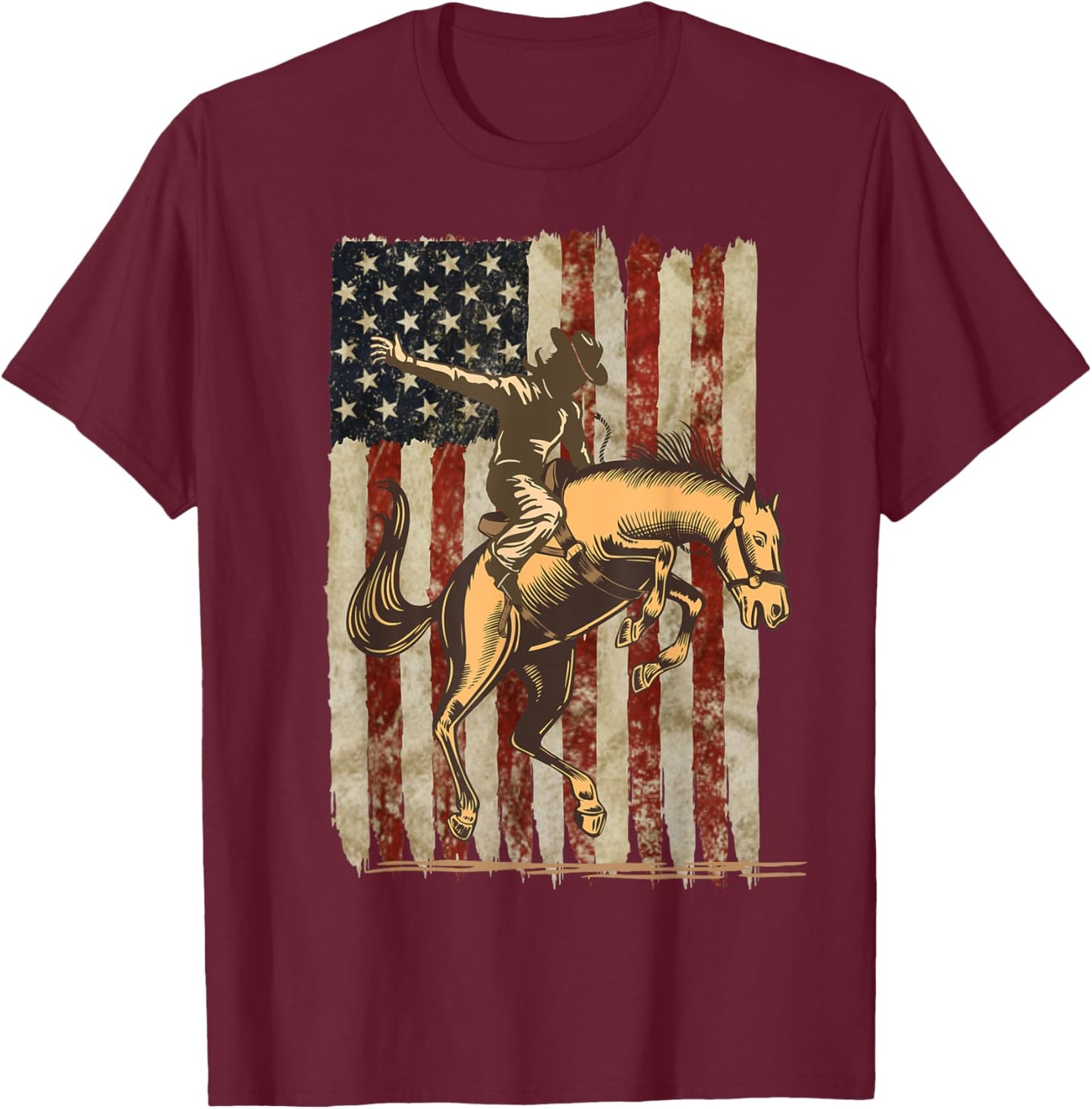 Patriotic Rodeo Cowboy Bronc Rider: Distressed US Flag T-Shirt - T-Shirt | Maroon