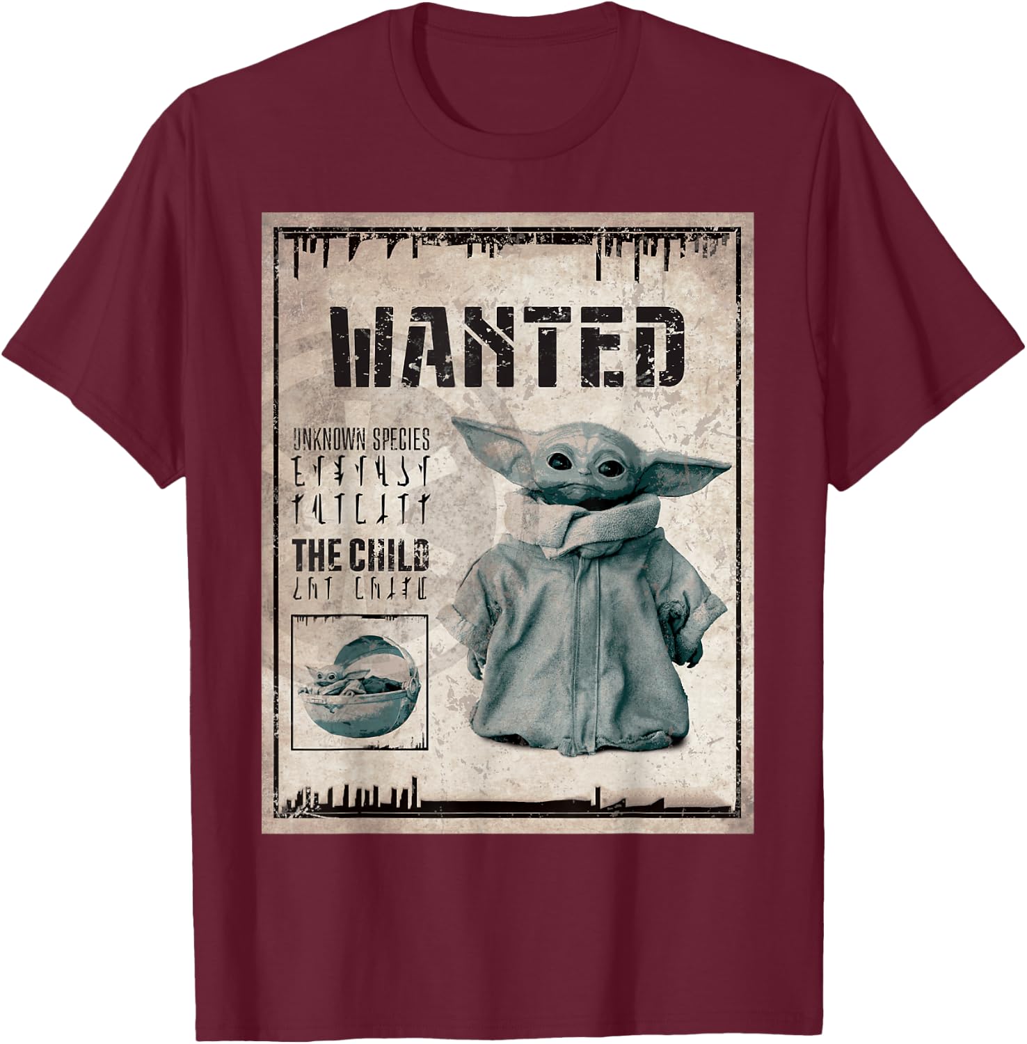 Star Wars The Mandalorian The Child Wanted Poster T-Shirt - T-Shirt | Maroon