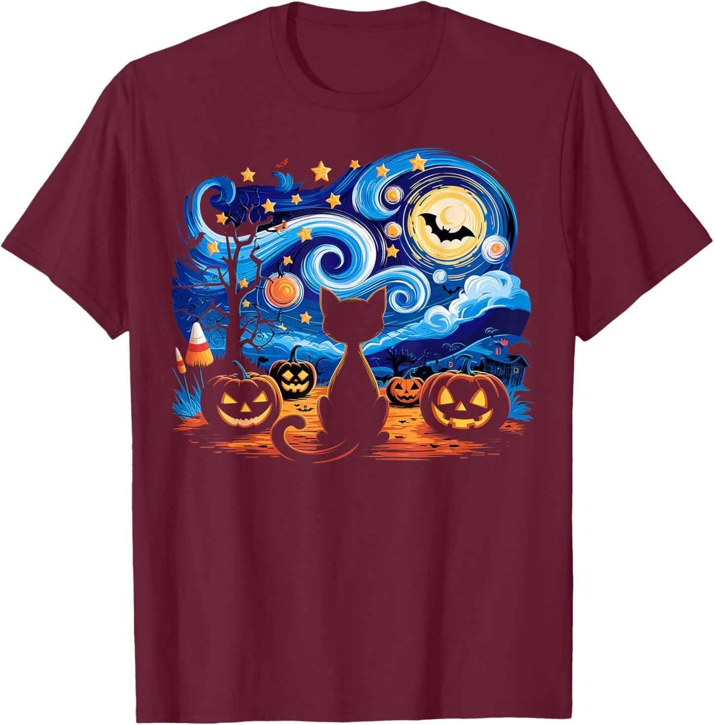 Halloween Cat Starry Night Gifts Cat Mom Cat Dad Cat Lover T-Shirt - T-Shirt | Maroon