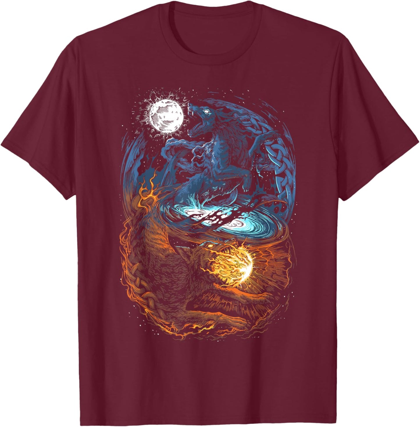 Hati and Skoll - Vikings Norse Mythology - Fenrir Wolf T-Shirt - T-Shirt | Maroon