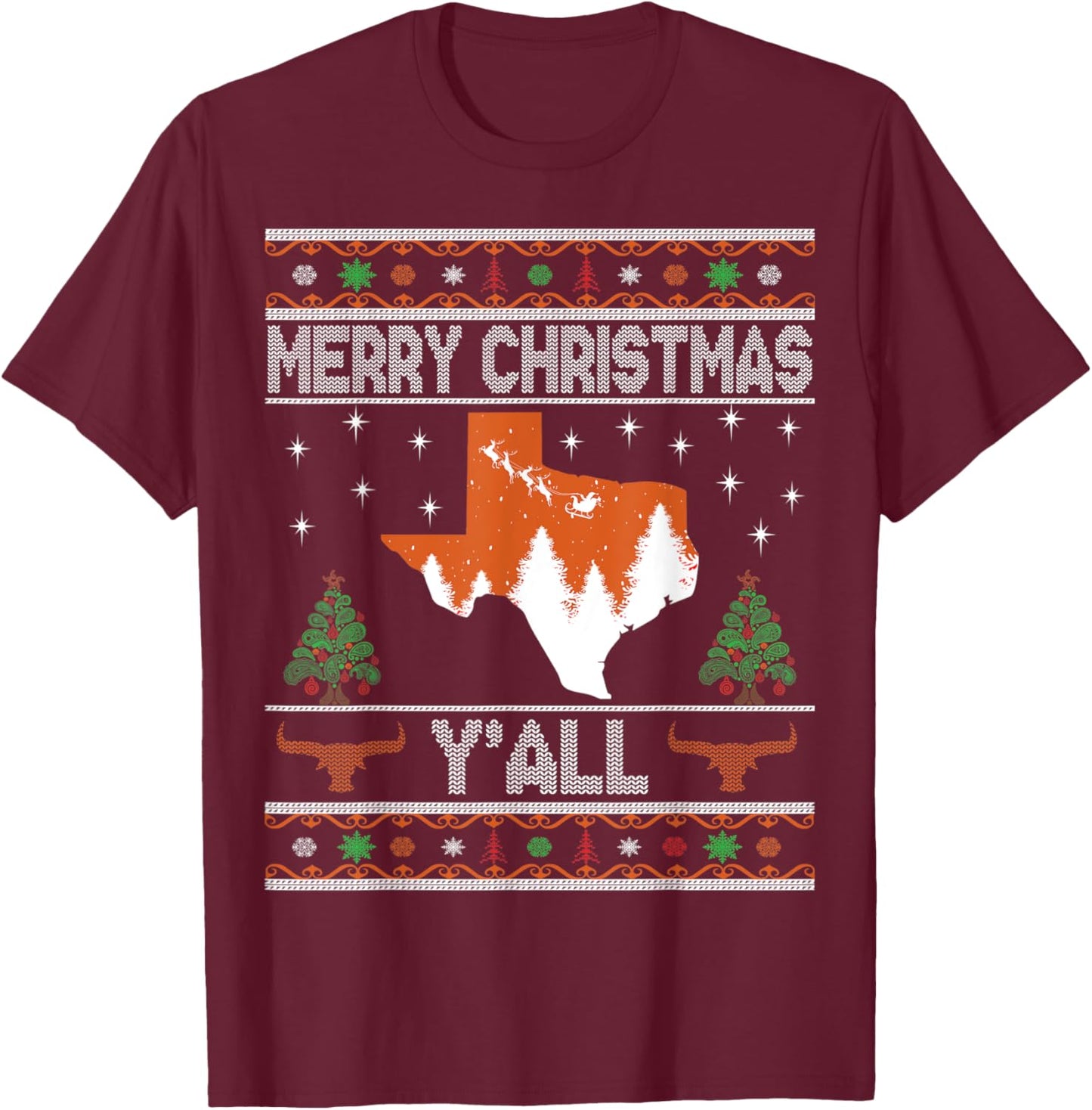 Merry Xmas Y'all Texas Ugly Matching Family Longhorn Sweater T-Shirt - T-Shirt | Maroon