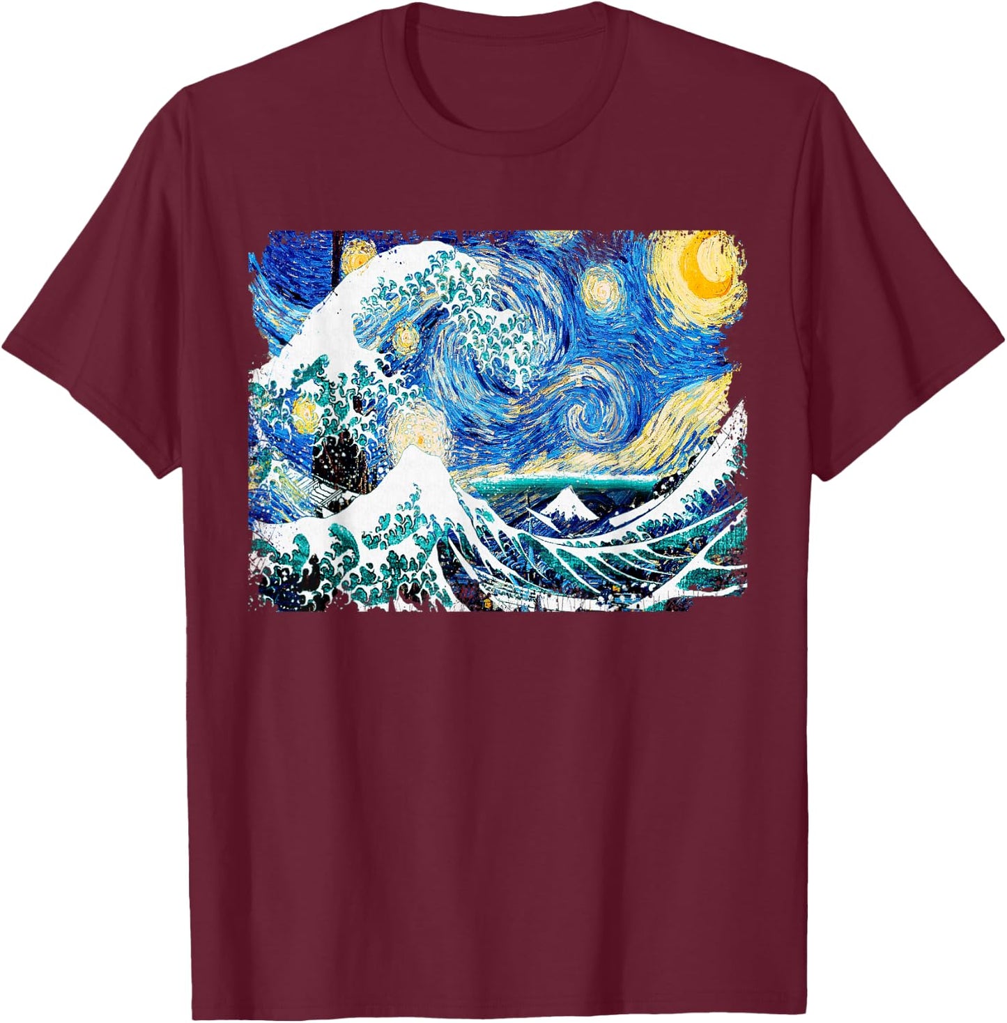 Starry Night and Great Wave Van Gogh Art Painting T Shirt T-Shirt - T-Shirt | Maroon
