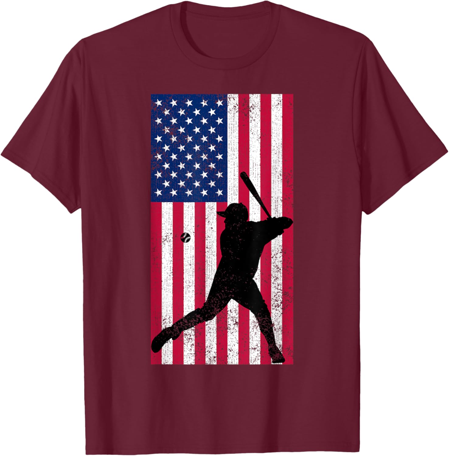 Baseball Player Distressed American Flag USA Patriotic Sport Women Kids Men T-Shirt - T-Shirt | Maroon