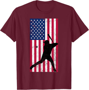 Baseball Player Distressed American Flag USA Patriotic Sport Women Kids Men T-Shirt - T-Shirt | Maroon