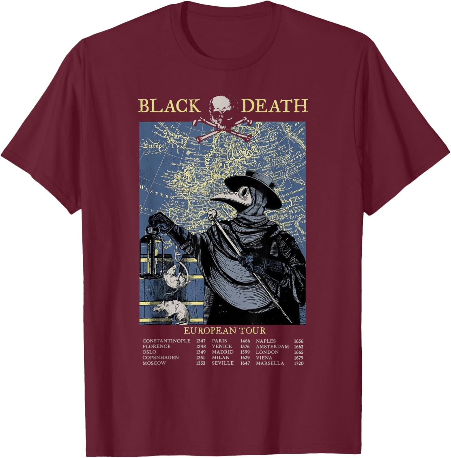 Plague Mask Doctor Plague Black Death European Tour T-Shirt - T-Shirt | Maroon