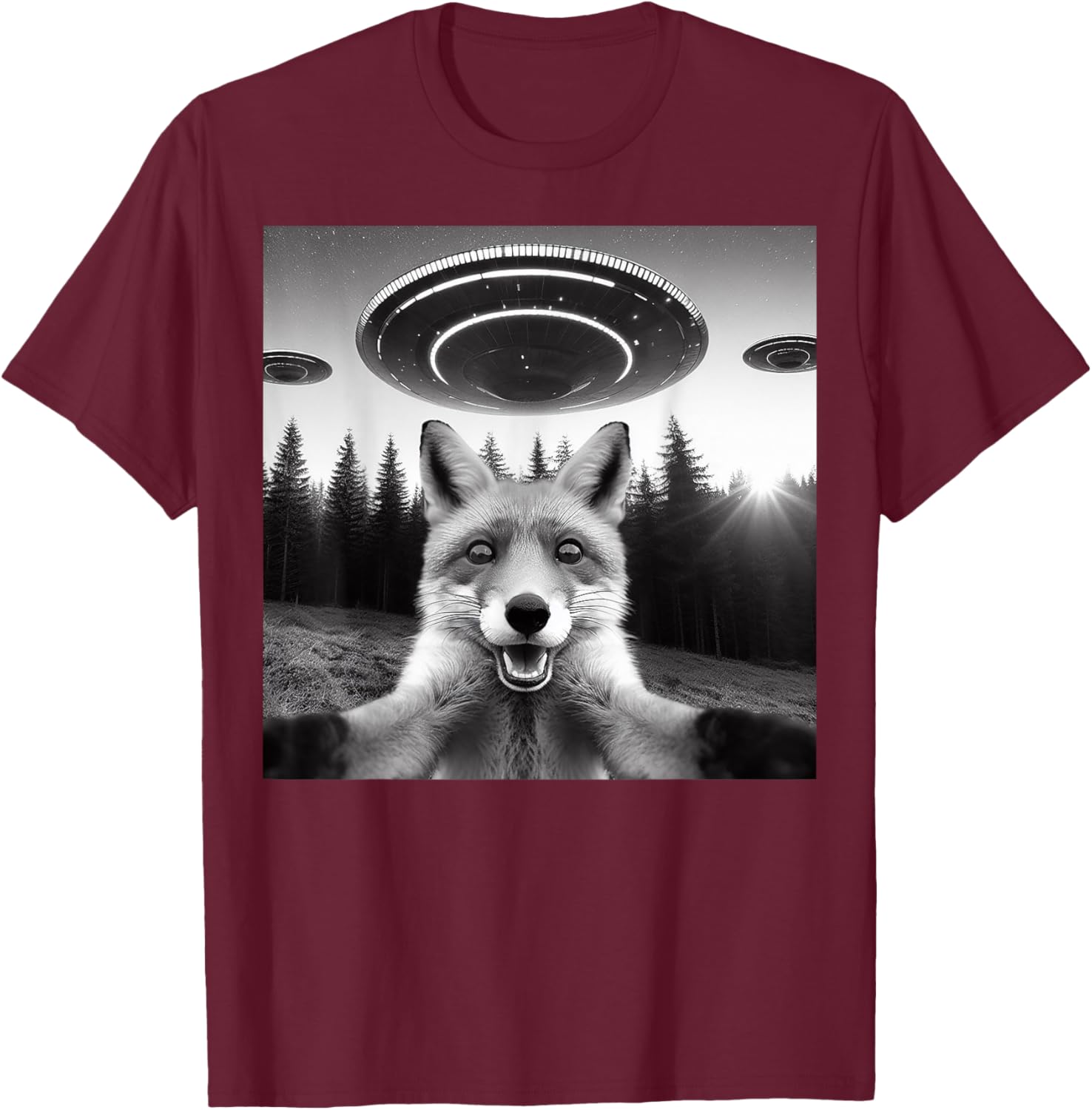 Fox Selfie With Alien UFO Funny Fox Gifts Women Kid T-Shirt - T-Shirt | Maroon
