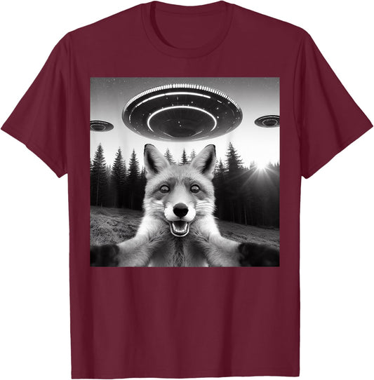 Fox Selfie With Alien UFO Funny Fox Gifts Women Kid T-Shirt - T-Shirt | Maroon