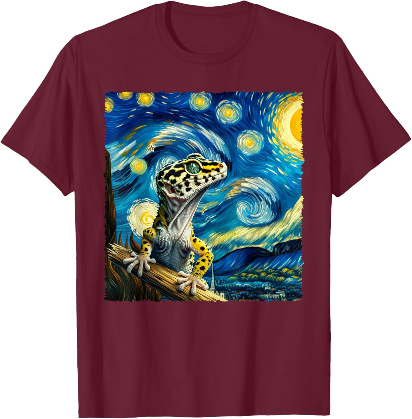 Vintage Leopard Gecko Starry Night Portrait Cute Animals T-Shirt - T-Shirt | Maroon
