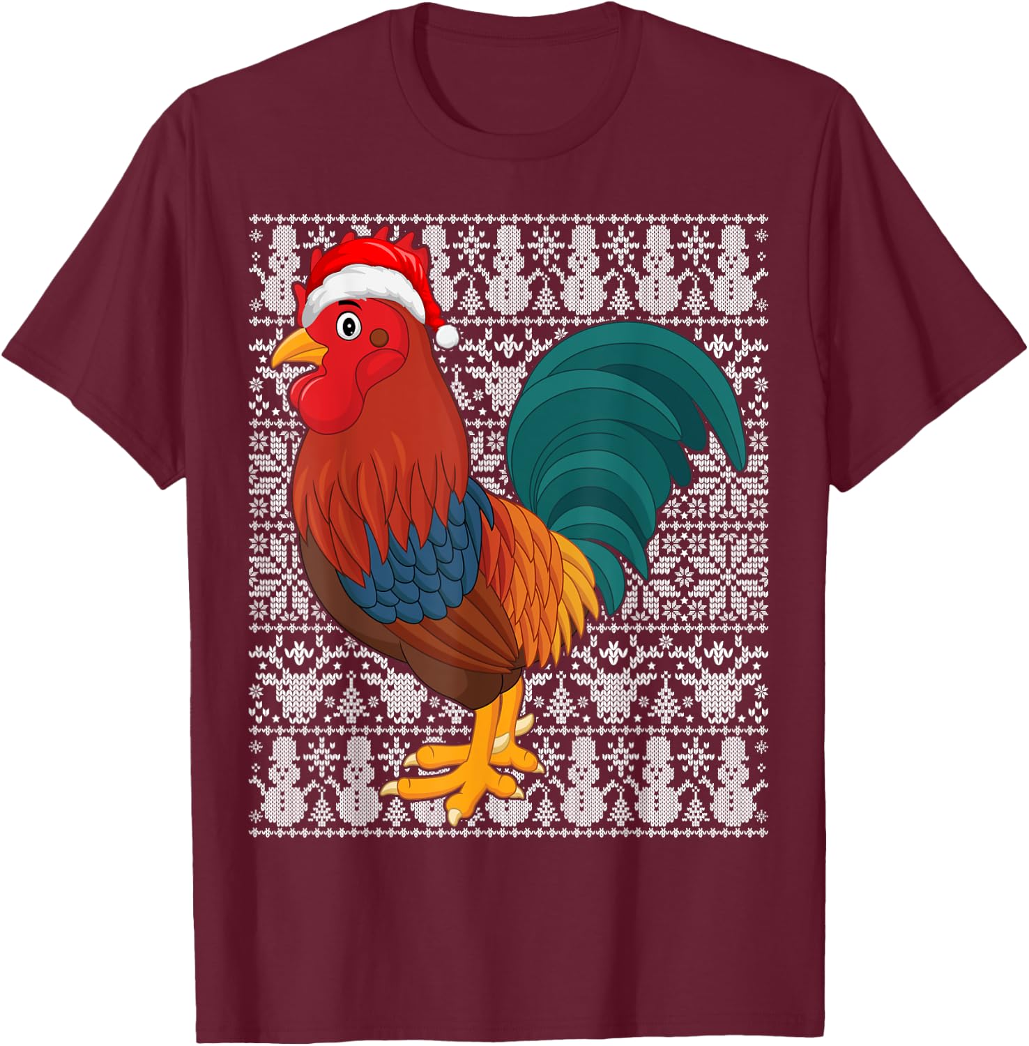 Rooster Bird Wearing Santa Hat Men Women Kids Ugly Christmas T-Shirt - T-Shirt | Maroon