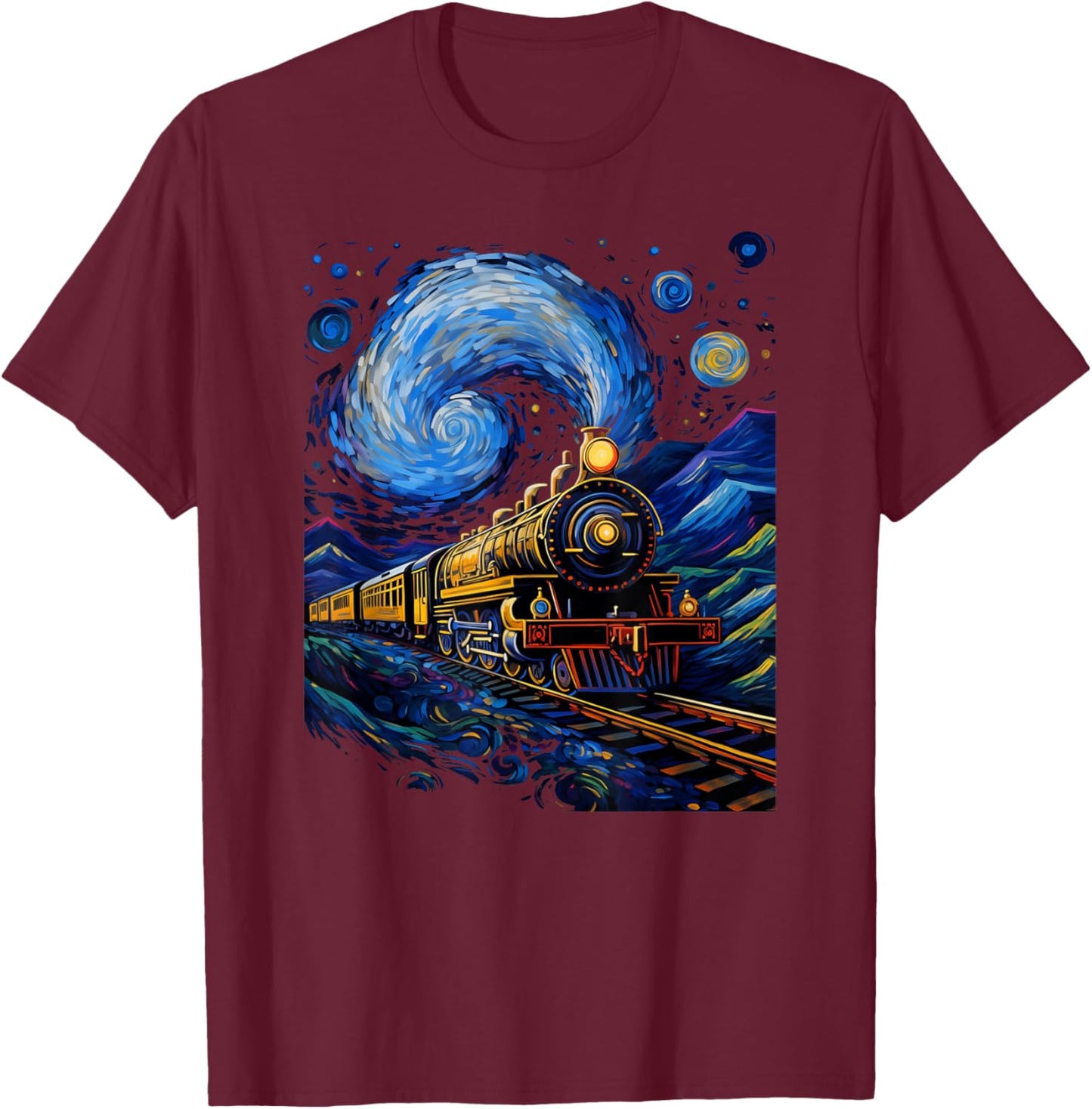 Steam Locomotive Van Gogh Style T-Shirt - T-Shirt | Maroon
