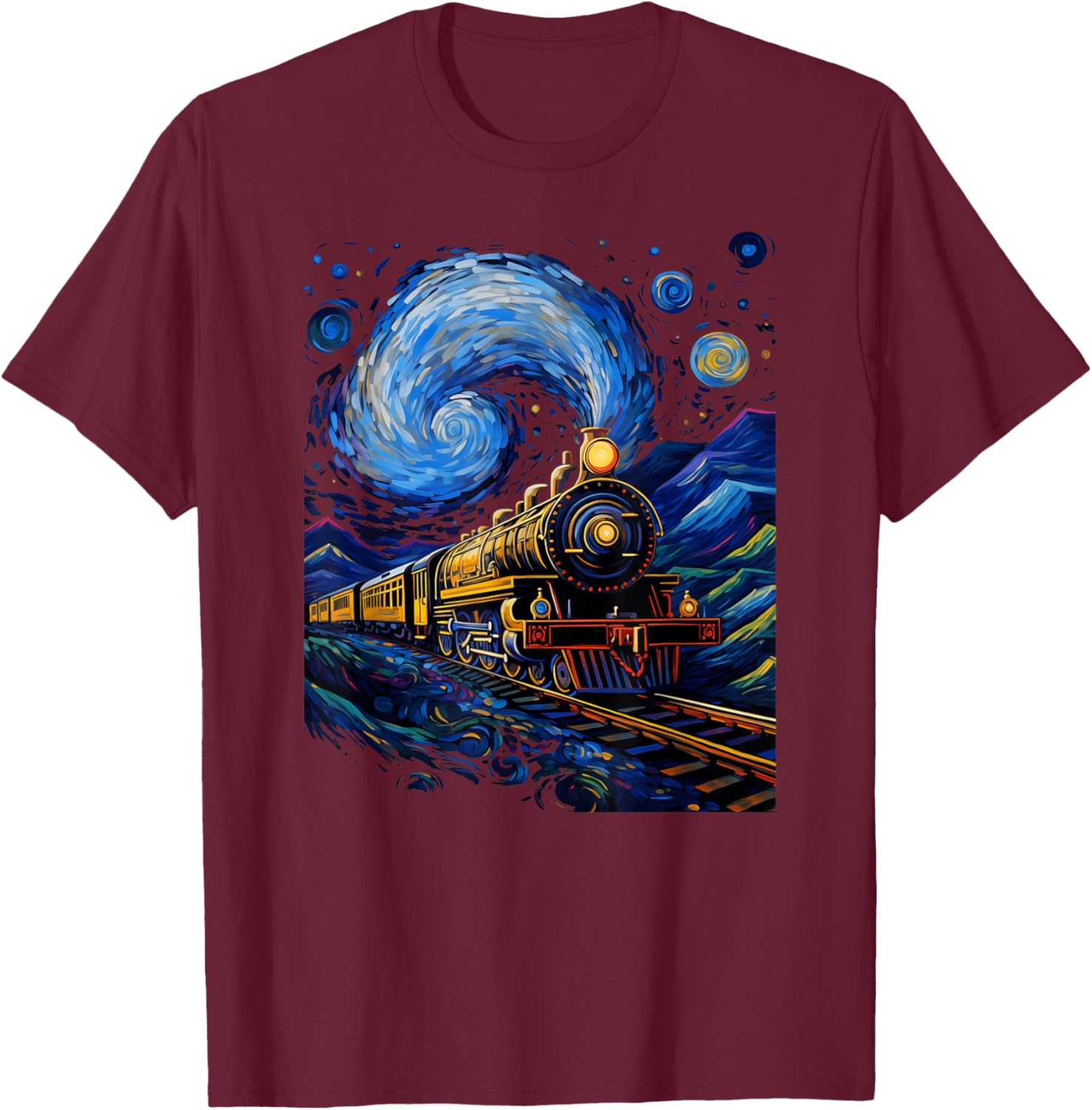 Steam Locomotive Van Gogh Style T-Shirt - T-Shirt | Maroon
