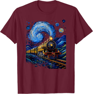 Steam Locomotive Van Gogh Style T-Shirt - T-Shirt | Maroon