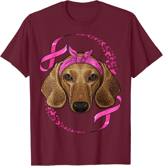 Dachshund Breast Cancer Awareness Pink Bandana Survivor T-Shirt - T-Shirt | Maroon