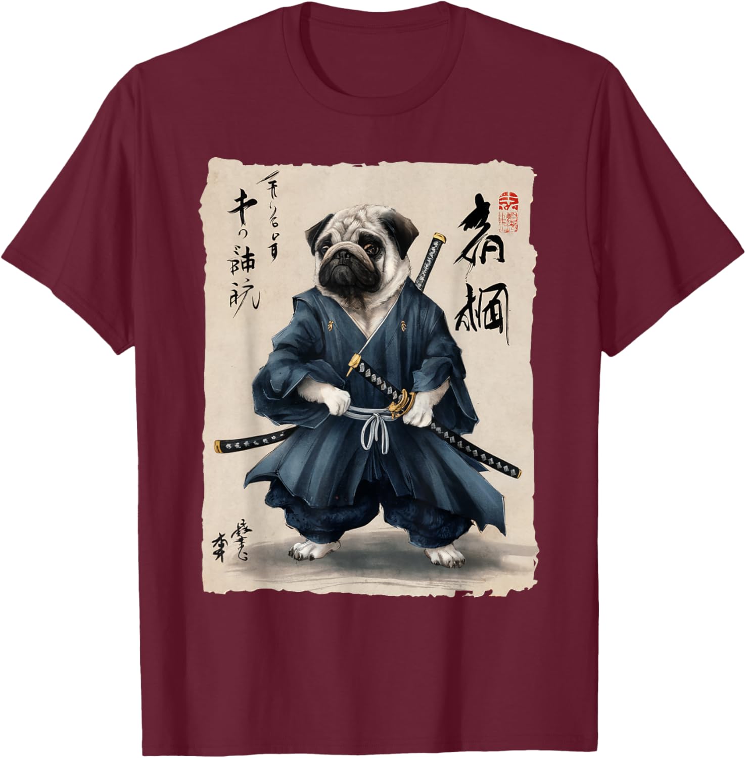 Samurai Pug Japanese Anime Dog Pug Lover Funny Women T-Shirt - T-Shirt | Maroon
